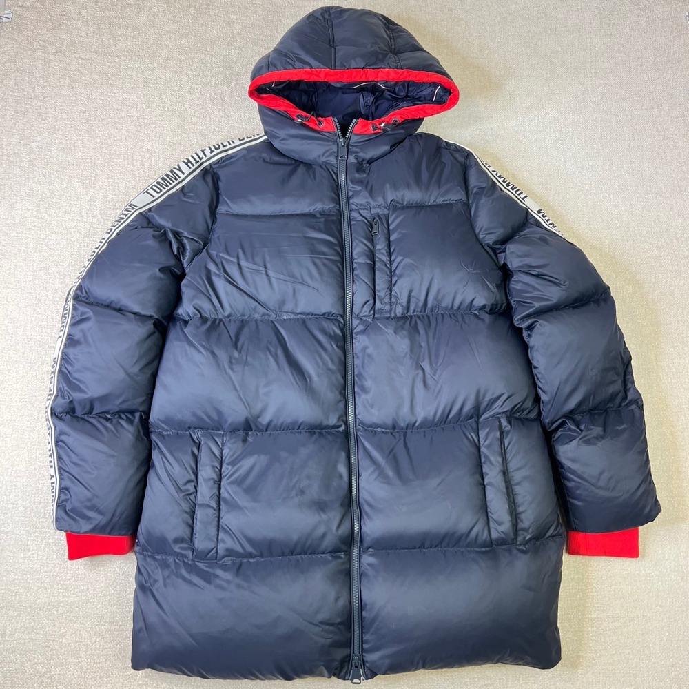 Tommy Hilfiger Denim Mens Small Navy Blue Logo Tape Hooded Puffer Jacket Y2K